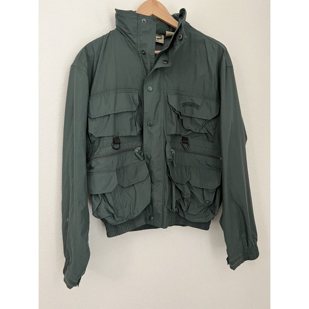 Field & Stream Men's Medium Hooded Fishing Jacket Green Bomber Pockets EUC